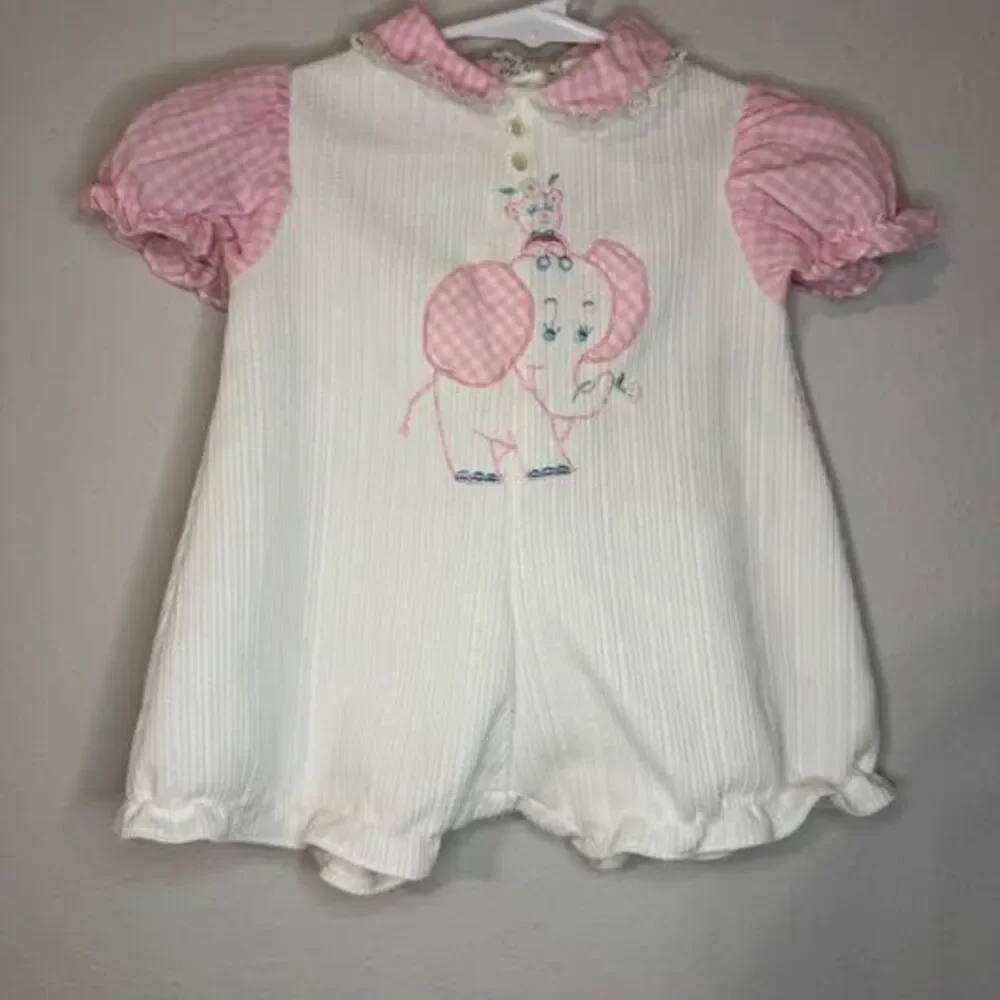 Vintage Tiny Tots Original Baby Romper with Elephant Embroidery and Pink Gingham